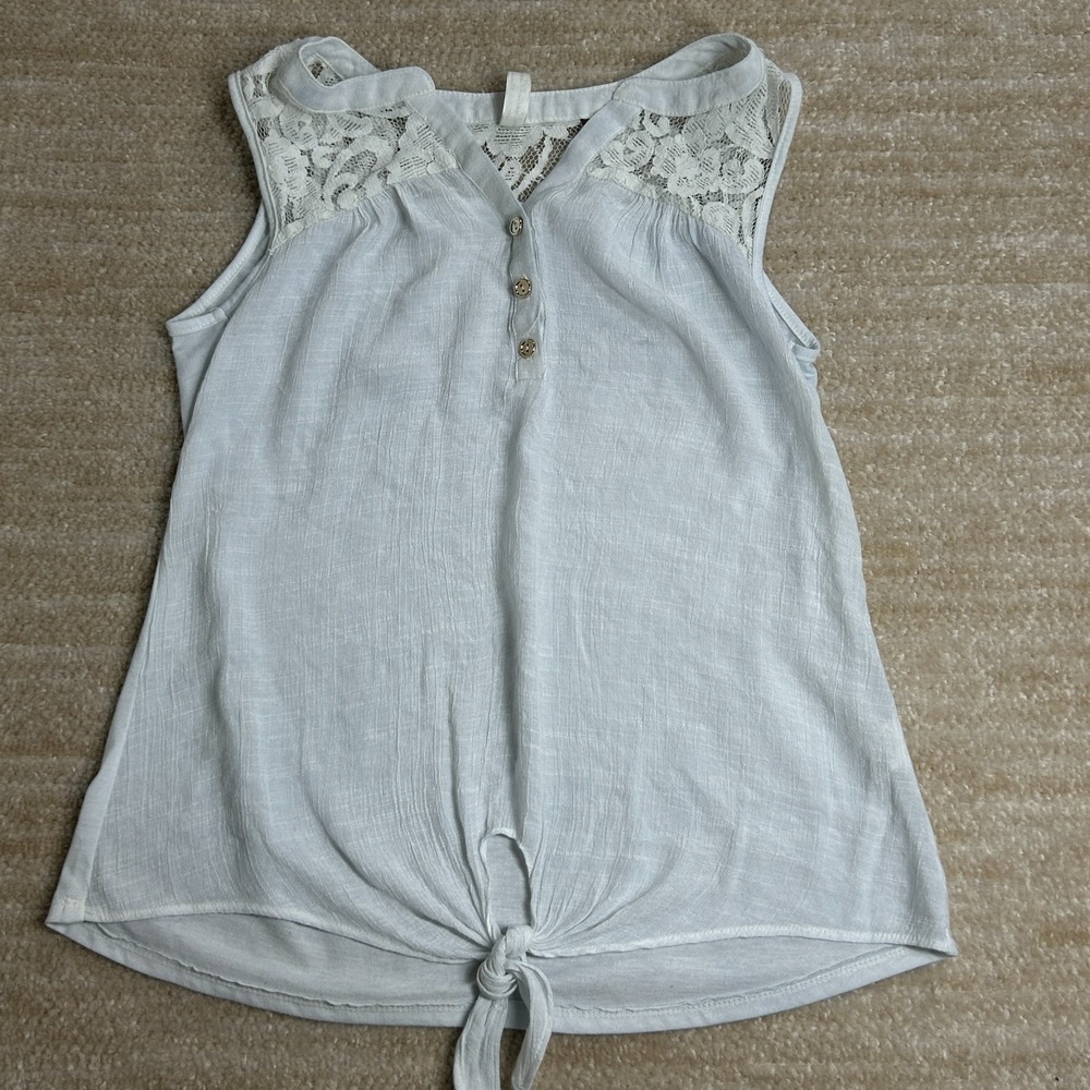 PerSeption Concept Womens Light Blue Lace Yoke Tie Front Henley Tank Top Small